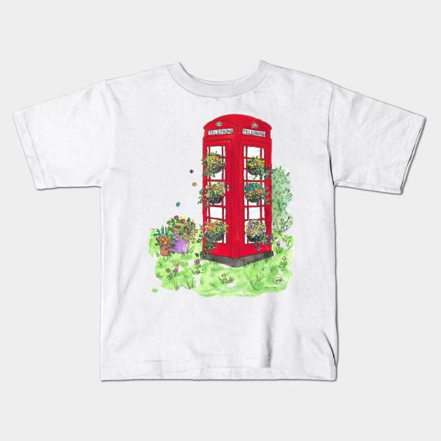 Red Telephone Box with Flowers Kids T-Shirt by Marjansart 